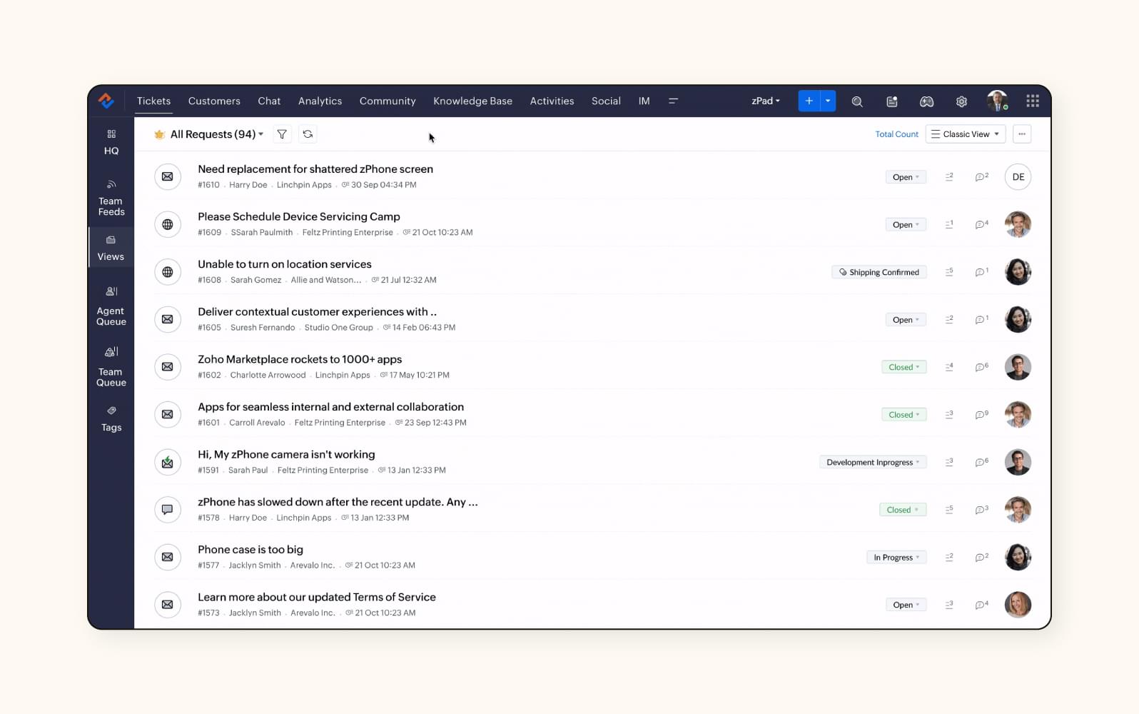 A ticket view in Zoho Desk, a customer service software.